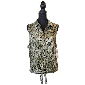 NWT PEACE & PEARLS Sleeveless Cheetah Print Blouse Tie Front Size XL
